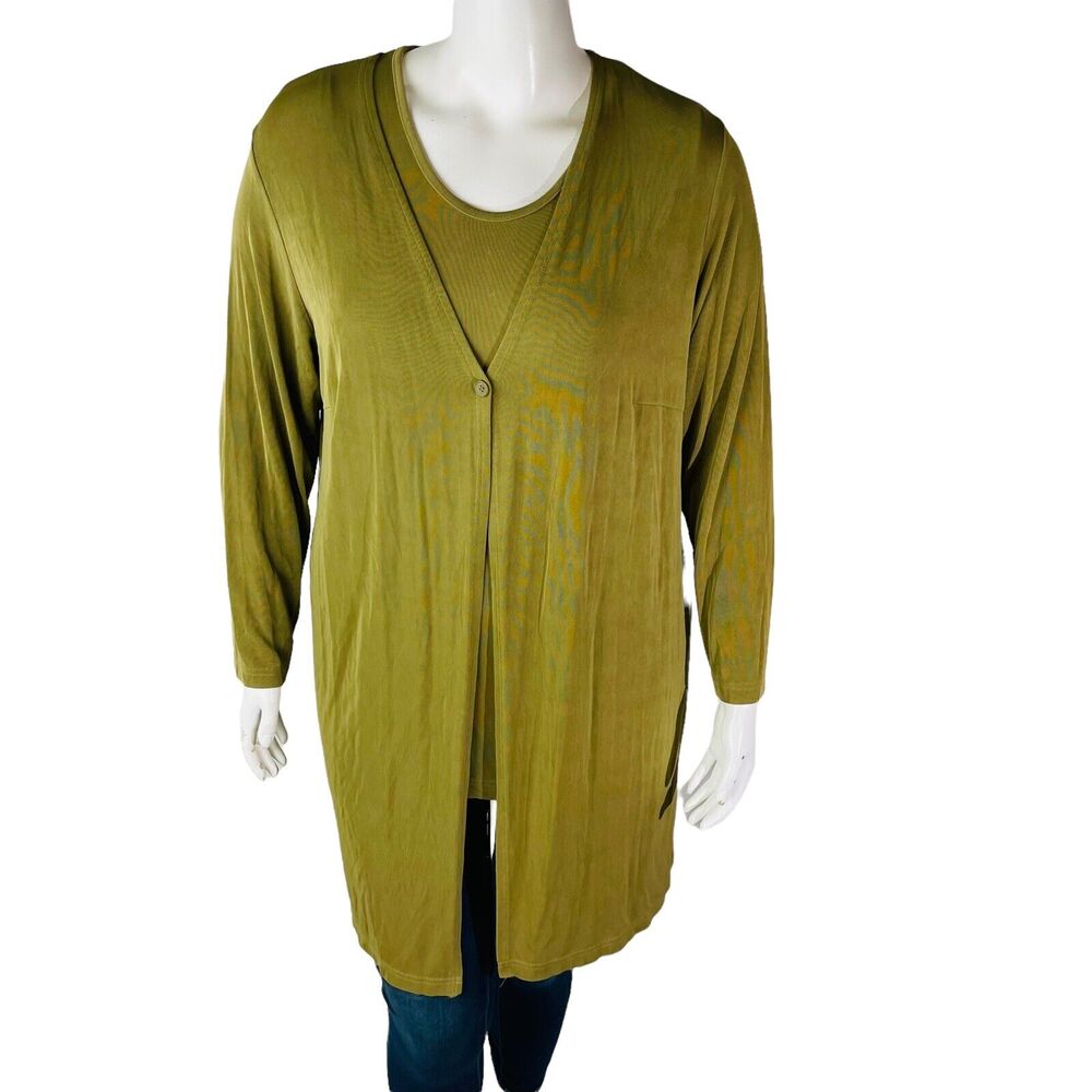 Grace Elements Womans 14W Tank Blouse 2 Piece Long Sleeve Cardigan Green